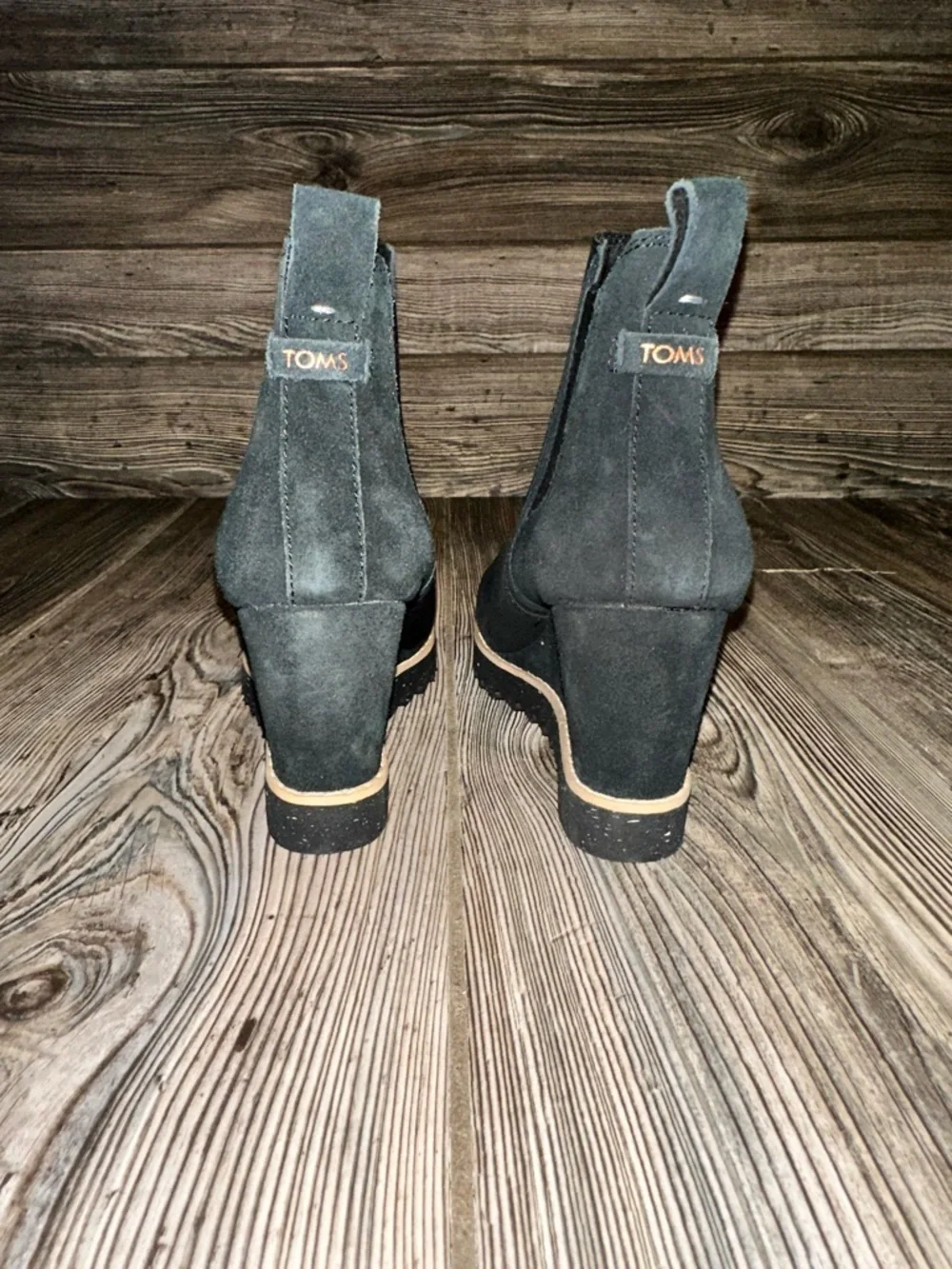 New Toms Maddie Black Wedge Boot - Women Pull On Leather 3 1/4” Heel Size 6.5